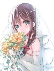 Rule 34 | 10s, 1girl, blue eyes, braid, brown hair, dress, elbow gloves, gloves, kantai collection, looking at viewer, osamu (10051213), personification, shigure (kancolle), single braid, solo, wedding dress, white background, white gloves