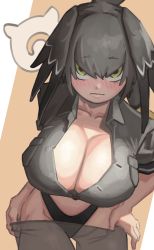 Rule 34 | 1girl, alternate breast size, bad id, bad pixiv id, bird wings, black panties, blonde hair, blush, breast pocket, breasts, buttons, cleavage, closed mouth, clothes pull, collarbone, collared shirt, cowboy shot, green eyes, grey hair, grey pantyhose, grey shirt, groin, hair between eyes, head wings, highleg, highleg panties, highres, huge breasts, japari symbol, kemono friends, leaning forward, long hair, looking at viewer, multicolored hair, niwatori (n3rke8ys), no pants, nose blush, panties, panties under pantyhose, pantyhose, pantyhose pull, partially unbuttoned, pocket, pulled by self, see-through, shirt, shoebill (kemono friends), short sleeves, sidelocks, solo, underwear, undressing, wing collar, wings