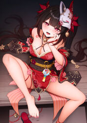 Rule 34 | 1girl, absurdres, bare shoulders, barefoot, bell, black hair, blush, breasts, cleavage, detached sleeves, dress, feet, flower tattoo, foot out of frame, fox mask, hand on own cheek, hand on own face, highres, honkai: star rail, honkai (series), jc shikikan, jingle bell, long hair, looking at viewer, mask, mask on head, medium breasts, nail polish, neck bell, obi, open mouth, pink nails, red dress, red eyes, sash, sitting, smile, solo, sparkle (honkai: star rail), tattoo, toenail polish, toenails