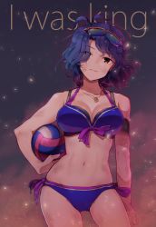 Rule 34 | 1girl, antenna hair, ball, bikini, blue bikini, blue hair, breasts, brown eyes, closed mouth, commentary, contrapposto, cowboy shot, embers, english commentary, english text, eyewear on head, front-tie bikini top, front-tie top, holding, holding ball, idolmaster, idolmaster million live!, jewelry, kamille (vcx68), light frown, looking at viewer, medium breasts, navel, necklace, orange-framed eyewear, short hair, side-tie bikini bottom, solo, sports sunglasses, standing, sunglasses, swimsuit, toyokawa fuka, volleyball (object), wind