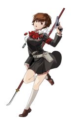 Rule 34 | 1girl, aznmeee, bow, breasts, brown hair, evoker, full body, gekkoukan high school uniform, hair ornament, hairclip, headphones, highres, holding, holding weapon, looking at viewer, open mouth, persona, persona 3, persona 3 portable, red eyes, school uniform, shiomi kotone, short hair, simple background, skirt, solo, weapon, white background, x hair ornament