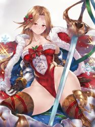Rule 34 | 10s, 1girl, bare legs, bell, blush, bow, breasts, brown gloves, brown hair, cleavage, crotch, dark skin, dark-skinned female, embarrassed, fur trim, gloves, granblue fantasy, granblue fantasy (style), hair ornament, highres, katalina (granblue fantasy), large breasts, long hair, looking at viewer, lying, on back, santa costume, solo, sword, thighhighs, thighs, tokopi, weapon, white background