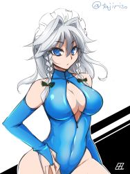 Rule 34 | 1girl, artist name, bare shoulders, blue eyes, braid, breasts, bridal gauntlets, cleavage, cleavage cutout, clothing cutout, curvy, female focus, front zipper swimsuit, hair ribbon, highres, image sample, izayoi sakuya, large breasts, long hair, looking at viewer, maid headdress, meme attire, one-piece swimsuit, ribbon, short hair, signature, silver hair, simple background, skin tight, solo, swimsuit, tajima yuuki, touhou, twin braids, wide hips