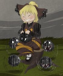 Rule 34 | 1girl, blonde hair, brown dress, bug, crossover, don&#039;t starve, dress, extra eyes, closed eyes, fangs, grass, grey sky, grin, hair ribbon, highres, kurodani yamame, long sleeves, monster, open mouth, ribbon, robin (unlimited world), sharp teeth, sitting, sky, smile, spider, teeth, touhou, tree stump, white eyes