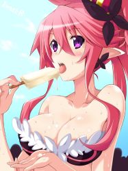 Rule 34 | 1girl, breasts, cleavage, crown, disgaea, eating, food, ice cream, iwashi dorobou -r-, jewelry, licking, looking at viewer, makai senki disgaea 5, pink hair, pointy ears, ponytail, popsicle, purple eyes, seraphina (disgaea), sexually suggestive, solo, sweat, tongue, tongue out