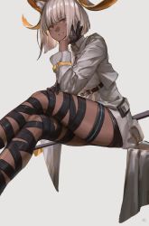 Rule 34 | 1girl, absurdres, animal ears, arknights, bandaged leg, bandages, black gloves, black skirt, blunt bangs, breasts, carnelian (arknights), cropped jacket, crossed legs, dark-skinned female, dark skin, dress, feet out of frame, gloves, goat ears, goat girl, goat horns, grey dress, grey jacket, hand on own cheek, hand on own face, highres, horns, infection monitor (arknights), invisible chair, jacket, long sleeves, looking at viewer, medium breasts, miniskirt, open clothes, open jacket, parted lips, red eyes, short hair, silver hair, sitting, skirt, smile, solo, tentsuu (tentwo), thighlet, thighs, underbust