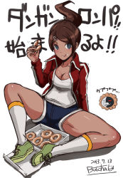 Rule 34 | 10s, 1girl, 2013, :p, artist name, asahina aoi, black hair, blue eyes, blush, box, breasts, brown hair, butcha-u, cleavage, danganronpa: trigger happy havoc, danganronpa (series), dark-skinned female, dark skin, dated, doughnut, eating, floating hair, food, food on face, full body, gym shorts, hair ornament, hairclip, holding, jacket, kneehighs, large breasts, looking at viewer, monokuma, open clothes, open jacket, parted bangs, pon de lion, ponytail, shadow, shoes, short shorts, shorts, signature, single vertical stripe, sitting, sketch, smile, sneakers, socks, solo, spread legs, swept bangs, tongue, tongue out, track jacket, translated, white background, white socks