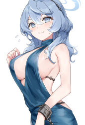 Rule 34 | 1girl, ako (blue archive), ako (dress) (blue archive), asle, bare shoulders, blue archive, blue dress, blue eyes, blue hair, blush, breasts, chain, commentary, cuffs, dress, hair between eyes, hairband, halo, highres, large breasts, looking at viewer, plunging neckline, shackles, short hair, sideboob, smile, solo, symbol-only commentary