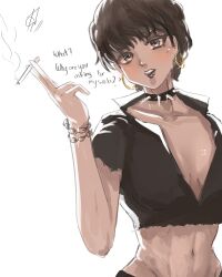 Rule 34 | 1girl, absurdres, black hair, bracelet, cigarette, collar, doll (one piece), earrings, english text, goth fashion, highres, holding, holding cigarette, hoop earrings, ivorevan art, jewelry, lipstick, looking at viewer, makeup, one piece, open mouth, short hair, signature, spiked collar, spikes