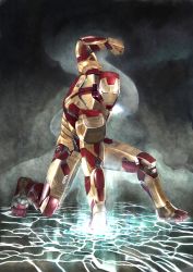Rule 34 | 1boy, absurdres, armor, clenched hand, glowing, highres, iron man, iron man (series), kneeling, looking at viewer, male focus, marvel, on one knee, photorealistic, power armor, realistic, solo, tetsuo (huvac-akiro), tony stark