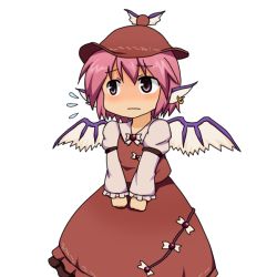 Rule 34 | 1girl, animal ears, earrings, embarrassed, female focus, hat, jewelry, mystia lorelei, nervous, no nose, pink hair, short hair, simple background, solo, subata, touhou, white background, wings