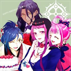 Rule 34 | 2023, 2boys, 2girls, akino (eveplus), black hair, blue hair, breasts, cake, cleavage, cleavage cutout, closed eyes, clothing cutout, dark-skinned male, dark skin, dated, fire emblem, fire emblem engage, flower, food, fruit, hair ribbon, happy birthday, highres, holding, holding food, hortensia (fire emblem), ivy (fire emblem), jewelry, kagetsu (fire emblem), large breasts, long hair, matching hair/eyes, mole, mole under mouth, multicolored hair, multiple boys, multiple girls, necklace, nintendo, one eye closed, open mouth, pink hair, ponytail, purple eyes, purple hair, ribbon, short hair, siblings, sisters, smile, strawberry, streaked hair, veil, wink, yellow eyes, zelkov (fire emblem)