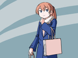 Rule 34 | 1girl, alternate costume, bag, blue background, blue coat, blue eyes, brown hair, coat, commentary, english commentary, intrepid (kancolle), kantai collection, long hair, looking at viewer, one-hour drawing challenge, ponytail, scarf, shopping bag, sixten, solo, two-tone background, white scarf