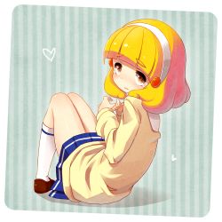 Rule 34 | 10s, 1girl, blonde hair, blueberry (5959), brown eyes, hairband, kise yayoi, legs, looking at viewer, looking back, precure, rounded corners, school uniform, sitting, skirt, smile precure!, socks, solo, tears, white hairband