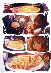 Rule 34 | 1girl, absurdres, brown hair, commentary, cooking, cup, folded ponytail, food, frying pan, heart, highres, inazuma (kancolle), kaamin (mariarose753), kantai collection, ketchup, ketchup bottle, mug, omelet, omurice, open mouth, plate, sailor collar, school uniform, serafuku, smile, spatula, spoken heart, stove, tongue, tongue out, yellow eyes