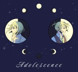 Rule 34 | absurdres, adolescence (vocaloid), adolescent knight (module), adolescent princess (module), aqua eyes, back-to-back, bare shoulders, blonde hair, camisole, cel shading, collarbone, collared shirt, crescent moon, eyelashes, floating hair, frilled camisole, frills, full moon, gibbous moon, half moon, highres, kagamine len, kagamine rin, moon, moon phases, necktie, new moon, parted lips, portrait, profile, project diva (series), serious, shirt, short hair, shubook vse, sky, sleeveless blazer, spaghetti strap, star (sky), starry sky, swept bangs, vocaloid, white camisole, white shirt, wind, yellow necktie