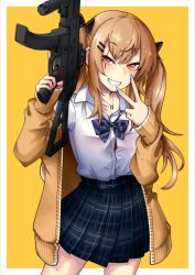 Rule 34 | 1girl, black bow, blue nails, blush, border, bow, collarbone, collared shirt, cowboy shot, girls&#039; frontline, gun, h&amp;k ump, hair between eyes, hair bow, hair ornament, hairclip, highres, holding, holding weapon, jewelry, long hair, long sleeves, looking at viewer, nail polish, nakiusagi, necklace, pleated skirt, red eyes, school uniform, shirt, shirt tucked in, simple background, skirt, smile, solo, standing, submachine gun, sweater, teeth, twintails, ump9 (girls&#039; frontline), v, weapon, white shirt, yellow background