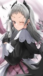 Rule 34 | 1girl, ;), arknights, black gloves, blush, capelet, closed mouth, earrings, forehead, glint, gloves, grey hair, gun, head wings, highres, holding, holding gun, holding weapon, horn/wood, irene (arknights), jewelry, long hair, long sleeves, one eye closed, purple skirt, scar, scar across eye, scar on face, skirt, smile, solo, trigger discipline, upper body, weapon, white capelet, wings