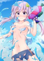 Rule 34 | 1girl, aatsu, blush, breasts, collarbone, convenient censoring, cowboy shot, day, exploding clothes, hair ornament, hair tubes, hand up, holding, holding water gun, midriff, navel, outdoors, purple eyes, purple hair, short hair with long locks, shorts, sidelocks, small breasts, solo, surprised, torn clothes, vocaloid, voiceroid, wardrobe malfunction, water, water gun, wide-eyed, yuzuki yukari