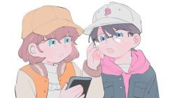 Rule 34 | 1boy, 1girl, black jacket, blue eyes, brown hair, brown headwear, cellphone, commentary, earphones, edogawa conan, english commentary, glasses, haibara ai, holding, holding phone, hood, hooded sweater, jacket, looking at another, meitantei conan, oneroom-disco, open mouth, parted lips, phone, shared earphones, shirt, short hair, simple background, smartphone, sweater, white background, white headwear, white shirt, wireless earphones