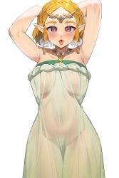Rule 34 | 1girl, alternate eye color, armpits, arms up, blonde hair, blush, braid, breasts, breasts apart, circlet, commentary, crown braid, dress, earrings, english commentary, esencey, green eyes, grey dress, heart, heart-shaped pupils, heavy breathing, highres, in heat, jewelry, looking at viewer, medium breasts, necklace, nintendo, official alternate costume, open mouth, parted bangs, pointy ears, princess zelda, red eyes, see-through, see-through dress, short hair, solo, strapless, strapless dress, sweat, symbol-shaped pupils, the legend of zelda, the legend of zelda: tears of the kingdom, tongue, tongue out, white background