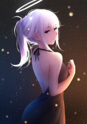Rule 34 | 1girl, adjusting hair, backless dress, backless outfit, blue eyes, dress, halo, highres, long hair, looking at viewer, looking back, original, ponytail, shimmer, solo, white hair