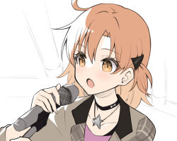 Rule 34 | 1girl, :o, binsen, black choker, blush, brown eyes, brown hair, choker, collarbone, grey jacket, hair between eyes, hair ornament, hands up, highres, holding, holding microphone, idolmaster, idolmaster million live!, jacket, jewelry, long hair, looking away, microphone, microphone stand, necklace, open clothes, open jacket, open mouth, pink shirt, shirt, solo, star (symbol), star necklace, yabuki kana