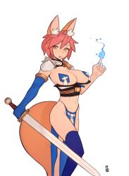 Rule 34 | 10s, 1girl, 34no404, abs, ahoge, animal ears, armor, bikini armor, blue fire, blue thighhighs, breasts, elbow gloves, fate/extra, fate/grand order, fate (series), fire, fox ears, fox tail, gloves, large breasts, loincloth, nipple tassels, pasties, pauldrons, pink hair, short hair, shoulder armor, single elbow glove, solo, sword, tail, tamamo (fate), tamamo no mae (fate/extra), thighhighs, weapon, yellow eyes