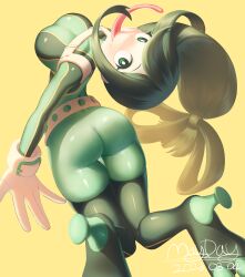 Rule 34 | 1girl, :&gt;, absurdres, ass, asui tsuyu, belt, black hair, bodysuit, boku no hero academia, breasts, closed mouth, frog girl, gloves, green bodysuit, grey eyes, hair between eyes, hair rings, highres, impossible bodysuit, impossible clothes, jumping, large breasts, long hair, low-tied long hair, maydaykiki, simple background, skin tight, solo, thighhighs, tongue, tongue out