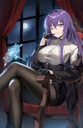 Rule 34 | 1girl, black choker, black gloves, black jacket, black pantyhose, black skirt, breasts, chair, choker, commentary request, crossed legs, curtains, feet out of frame, gloves, grin, hair intakes, highres, holding, holding wand, indoors, jacket, koissa, large breasts, long hair, long sleeves, looking at viewer, magic circle, moon, night, night sky, off shoulder, one eye closed, original, pantyhose, pencil skirt, purple eyes, purple hair, ribbed sweater, skirt, sky, smile, solo, sweater, thighs, wand, window