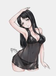 Rule 34 | 1girl, arm at side, arm up, armpits, artist name, babydoll, black hair, black panties, blush, breasts, cleavage, collarbone, contrapposto, cropped legs, green eyes, grey background, hand on own head, head tilt, lingerie, long hair, looking at viewer, medium breasts, mole, mole under eye, navel, negligee, original, panties, parted bangs, parted lips, relaxjon, see-through, simple background, solo, standing, straight hair, underwear, underwear only