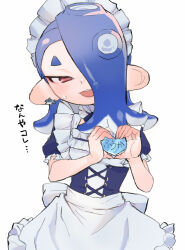 Rule 34 | 1girl, alternate costume, apron, blue hair, cephalopod eyes, commentary request, earrings, enmaided, eyelashes, hair over one eye, heart, heart hands, jewelry, long hair, maid, maid apron, maid headdress, nintendo, octoling, open mouth, red eyes, red pupils, shiver (splatoon), short eyebrows, simple background, smile, solo, splatoon (series), splatoon 3, standing, sweat, teeth, tentacle hair, thick eyebrows, translation request, upper teeth only, utfu333, white apron, white background