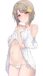 Rule 34 | 1girl, absurdres, bare shoulders, blush, brown hair, closed mouth, clothes lift, collarbone, cowboy shot, dress, dress lift, embarrassed, hair ornament, highres, lifting own clothes, looking at viewer, love live!, love live! nijigasaki high school idol club, nakasu kasumi, nasuno (nasuno42), navel, nose blush, panties, purple eyes, ribbon, short hair, short sleeves, side-tie panties, solo, spaghetti strap, stomach, sweat, tearing up, tears, underwear, white dress, white panties, white ribbon