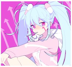 Rule 34 | 1girl, arrow (symbol), arrow print, blue hair, dadadanoda, facial tattoo, hair ornament, half-closed eyes, hands on own knees, hatsune miku, highres, knees up, light blue hair, liquid-in-glass thermometer, long hair, looking at viewer, mouth hold, pill, pink background, pink eyes, pink shirt, ringed eyes, shirt, sitting, slow motion (vocaloid), tattoo, thermometer, twintails, upper body, very long hair, vocaloid
