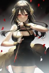 Rule 34 | 1girl, 3:, bad id, bad twitter id, bare arms, bare shoulders, black dress, black gloves, black hair, breasts, cleavage, closed mouth, cowboy shot, dagger, dress, dual wielding, fingerless gloves, gloves, highres, holding, kawachi rin, knife, large breasts, long hair, looking at viewer, red eyes, short dress, sleeveless, sleeveless dress, solo, spy x family, weapon, yor briar