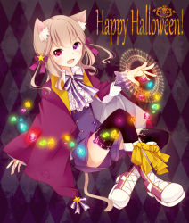 Rule 34 | 1boy, akaimo satsuma, animal ears, bad id, bad pixiv id, black thighhighs, bow, brown hair, cape, cat boy, cat ears, cat tail, cross, english text, fang, full body, gem, glowing, goma (11zihisin), hair bow, halloween, happy halloween, heterochromia, highres, long hair, magic circle, male focus, open mouth, original, platform footwear, ponytail, purple eyes, red eyes, ribbon, smile, solo, star (symbol), tail, thighhighs, trap