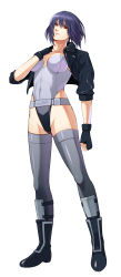 Rule 34 | 1girl, absurdres, boots, breasts, cleavage, cropped jacket, fingerless gloves, ghost in the shell, gloves, highres, jacket, kusanagi motoko, leather, leather jacket, leotard, purple hair, ra-ya hinata, red eyes, short hair, solo, thighhighs