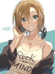 Rule 34 | 1girl, bare shoulders, black jacket, blush, breasts, brown hair, cleavage, collarbone, green eyes, grin, headphones, headphones around neck, idolmaster, idolmaster cinderella girls, jacket, jewelry, looking at viewer, medium breasts, necklace, off shoulder, open clothes, open jacket, short hair, smile, solo, tada riina, tank top, white tank top, zattape
