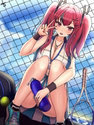 Rule 34 | 1girl, :d, absurdres, ass, azur lane, bag, ball, bare legs, bare shoulders, black panties, blue sky, blush, bottle, breasts, bremerton (azur lane), bremerton (scorching-hot training) (azur lane), chain-link fence, cleavage, cloud, collarbone, collared shirt, commentary, crop top, crop top overhang, day, duffel bag, dutch angle, fence, green footwear, green skirt, grey hair, hair between eyes, hair intakes, hair ornament, hairclip, hand up, heart, heart necklace, highres, holding, holding bottle, jewelry, jungtong, large breasts, long hair, looking at viewer, midriff, mole, mole under eye, multicolored hair, nail polish, navel, necklace, ocean, open mouth, outdoors, panties, pantyshot, pink eyes, pink hair, pink nails, racket, shirt, shoes, sidelocks, signature, skirt, sky, sleeveless, sleeveless shirt, smile, sneakers, solo, sportswear, squatting, streaked hair, sweat, teeth, tennis ball, tennis racket, tennis uniform, twintails, two-tone hair, two-tone shirt, two-tone skirt, underwear, upper teeth only, v, water bottle, white shirt, white skirt, wristband, x hair ornament