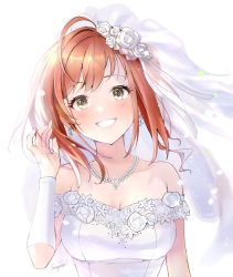 Rule 34 | 1girl, :d, antenna hair, arisugawa natsuha, arm up, asymmetrical sleeves, bare shoulders, blush, breasts, bridal veil, brown eyes, cleavage, collarbone, detached sleeves, dress, earrings, floral print, flower, hair flower, hair ornament, hand in own hair, highres, idolmaster, idolmaster shiny colors, jewelry, kakitsubata zero, large breasts, looking at viewer, necklace, off-shoulder dress, off shoulder, open mouth, orange hair, pearl necklace, petals, see-through, sidelocks, signature, simple background, smile, solo, uneven sleeves, upper body, veil, wedding dress, white background, white dress, white flower, | |