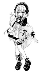 1girl :d akiyama_enma blunt_bangs blush bob_cut cleavage_cutout clothing_cutout dress fang flat_chest full_body greyscale jacket long_sleeves looking_at_viewer maid maid_headdress makaino_ririmu makaino_ririmu_(5th_costume) medium_hair monochrome nijisanji off_shoulder open_mouth platform_footwear puffy_short_sleeves puffy_sleeves shoes short_dress short_sleeves smile solo v