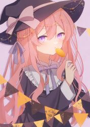 Rule 34 | 1girl, absurdres, blush, bow, braid, candy, collared dress, dress, food, frilled shirt collar, frills, hair ribbon, halloween, hat, hat bow, hat chain, hat ribbon, highres, holding, holding candy, holding food, holding lollipop, lollipop, long hair, looking at viewer, neck ribbon, original, parted lips, pink hair, purple eyes, ribbon, solo, string of flags, witch, witch hat, yomiya yumeha
