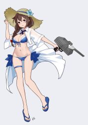 Rule 34 | 1girl, adapted turret, bikini, blue bikini, breasts, cannon, cleavage, collared shirt, dress shirt, flower, front-tie bikini top, front-tie top, full body, hair over shoulder, hat, hat flower, highres, kantai collection, long hair, medium breasts, neck ribbon, neve (morris-minicooper), official alternate costume, open clothes, open shirt, ribbon, sandals, shigure (kancolle), shigure kai san (kancolle), shirt, side-tie bikini bottom, solo, straw hat, swimsuit, turret, white shirt