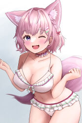 Rule 34 | 1girl, absurdres, animal ear fluff, animal ears, antenna hair, armpit crease, bare shoulders, bikini, blush, braid, breasts, choker, cleavage, collarbone, commentary, extra ears, eyelashes, fang, frilled bikini, frilled choker, frills, gradient background, hair ornament, hair ribbon, hakui koyori, hakui koyori (3rd costume), heart, highres, hololive, kawanoneko, large breasts, leaning forward, looking at viewer, medium hair, navel, one eye closed, open mouth, pink choker, pink hair, pink ribbon, purple eyes, raised eyebrows, ribbon, skin fang, smile, solo, stomach, swimsuit, tail, thighs, two-tone choker, virtual youtuber, white background, white bikini, white choker, wolf ears, wolf girl, wolf tail