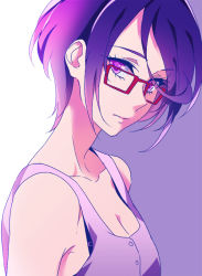 Rule 34 | 1girl, bare shoulders, breasts, cleavage, closed mouth, collarbone, dokidoki! precure, expressionless, glasses, kenzaki makoto, looking at viewer, negom, precure, purple eyes, purple hair, red-framed eyewear, short hair, simple background, sleeveless, small breasts, solo, upper body