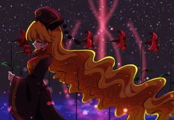 Rule 34 | 1girl, absurdly long hair, blonde hair, chinese clothes, crying, dress, closed eyes, flower, hat, holding, holding flower, junko (touhou), kyapinetzu, lily (flower), long hair, red flower, ribbon, sky, smelling flower, solo, star (sky), starry sky, streaming tears, tabard, tears, touhou, very long hair, wide sleeves