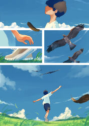 Rule 34 | 1boy, absurdres, bird, black hair, blue shorts, blue sky, cloud, day, feathers, highres, male focus, original, outdoors, outstretched arms, shirt, short hair, shorts, sky, solo, taizo (taizo 03), white shirt