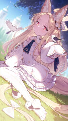 Rule 34 | 1girl, absurdly long hair, animal ear fluff, animal ears, arm support, bare shoulders, bird, bird on hand, blonde hair, blue archive, blue necktie, blurry, blurry background, bow, bright pupils, buttons, closed mouth, commentary request, detached sleeves, double-breasted, dress, feet, flower, flower wreath, forehead, fox ears, fox girl, frilled dress, frills, gradient eyes, grass, hair flower, hair ornament, highres, leaning forward, legs, long hair, looking at viewer, multicolored eyes, necktie, no shoes, on ground, orange eyes, outdoors, pantyhose, parted bangs, seia (blue archive), short necktie, sitting, sleeves past fingers, sleeves past wrists, smile, solo, striped clothes, striped pantyhose, toes, tree, tree shade, vertical-striped clothes, vertical-striped pantyhose, very long hair, wariza, white bow, white dress, white flower, white pantyhose, white pupils, yellow bow, yellow eyes, yellowpaint.
