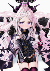 Rule 34 | 1girl, armband, belt, black gloves, black skirt, black wings, blue archive, blush, buttons, closed mouth, coat, coat on shoulders, demon horns, double-breasted, fur collar, gloves, hair ornament, halo, highres, hina (blue archive), horns, long hair, long sleeves, looking at viewer, luicent, military, military uniform, purple eyes, side slit, sitting, skirt, solo, thighhighs, uniform, very long hair, white background, wings