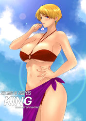 Rule 34 | 1girl, bare arms, bare shoulders, bikini, blonde hair, blue eyes, blue sky, blush, breasts, character name, cleavage, cloud, cloudy sky, collarbone, commentary, copyright name, day, earrings, fingernails, halterneck, hand on own hip, highleg, highleg bikini, highres, jewelry, king (snk), large breasts, lips, looking at viewer, navel, o-ring, o-ring bikini, outdoors, parted lips, ryuuko no ken, sarong, short hair, simple background, sk (sk-g), sky, solo, stomach, sunlight, swimsuit, the king of fighters, thighs